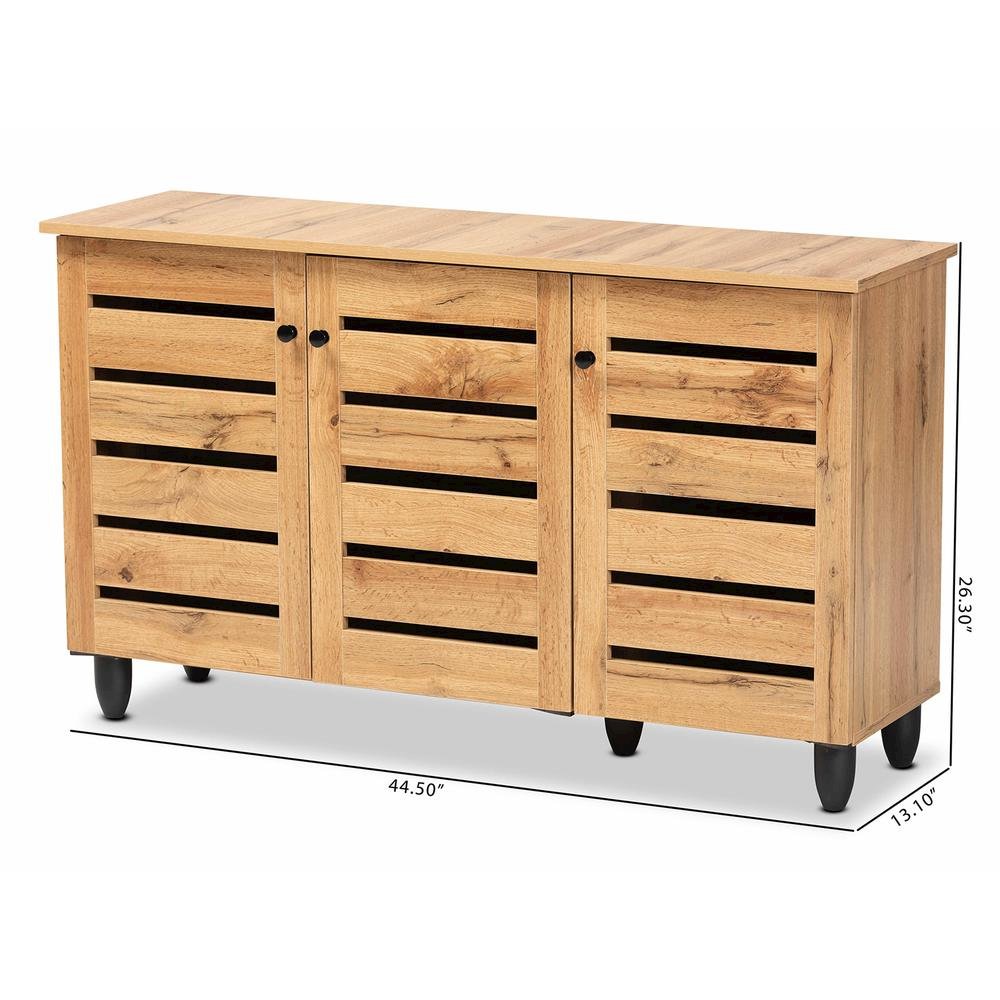 Oak Brown Finished Wood 3-Door Shoe Storage Cabinet
