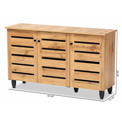 Oak Brown Finished Wood 3-Door Shoe Storage Cabinet