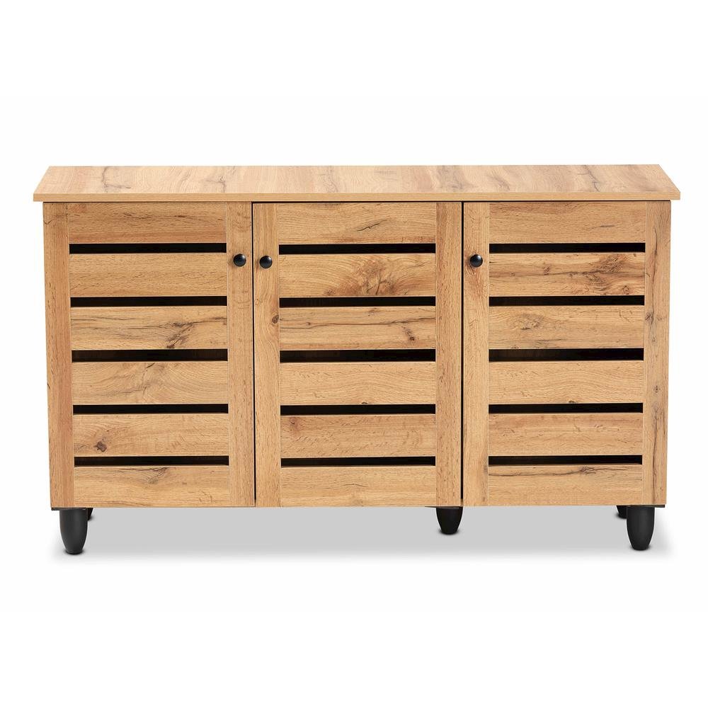 Oak Brown Finished Wood 3-Door Shoe Storage Cabinet