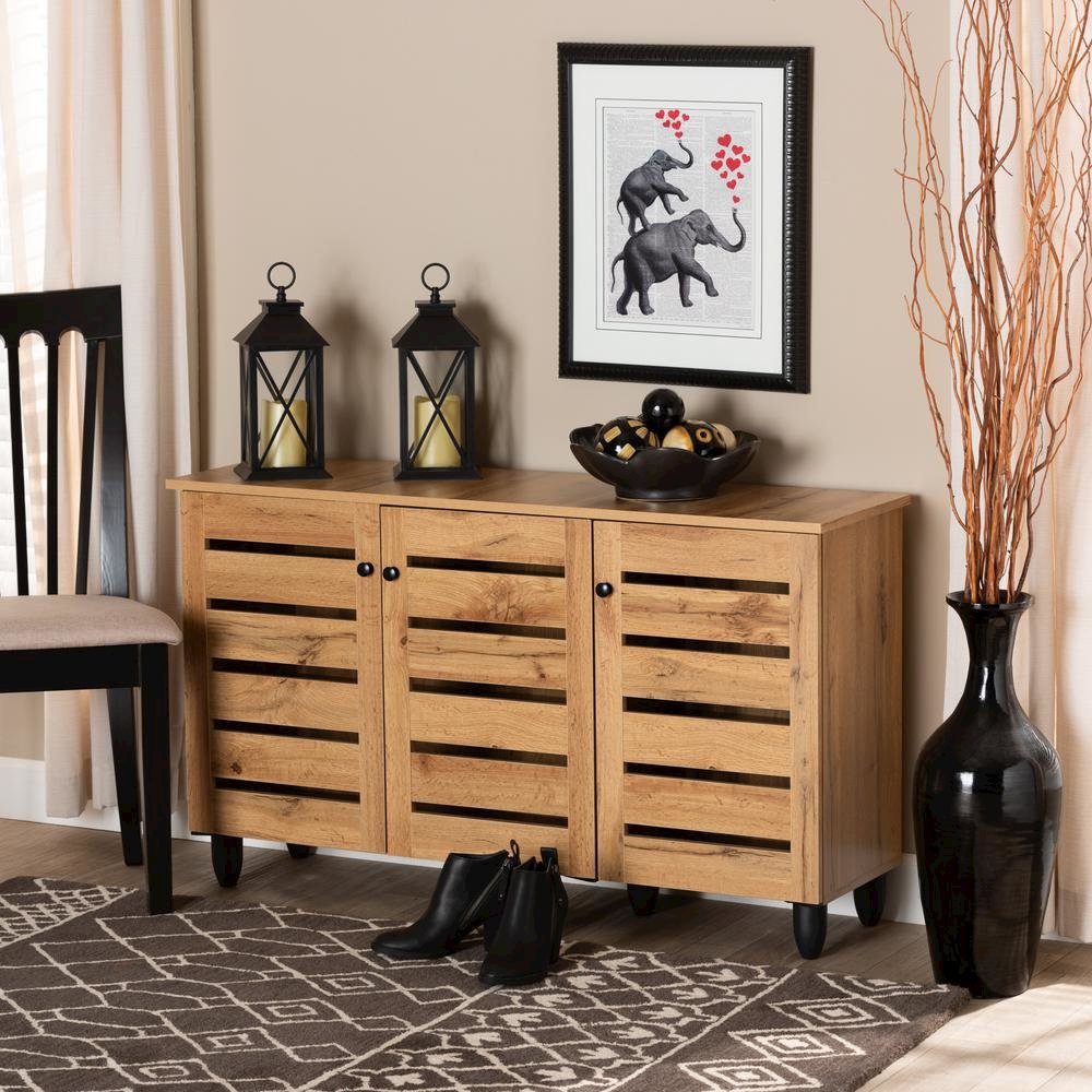 Oak Brown Finished Wood 3-Door Shoe Storage Cabinet