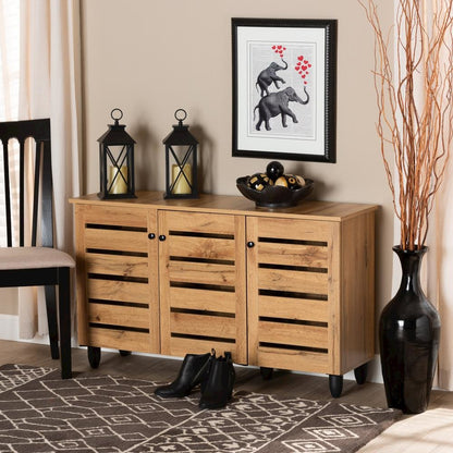 Oak Brown Finished Wood 3-Door Shoe Storage Cabinet