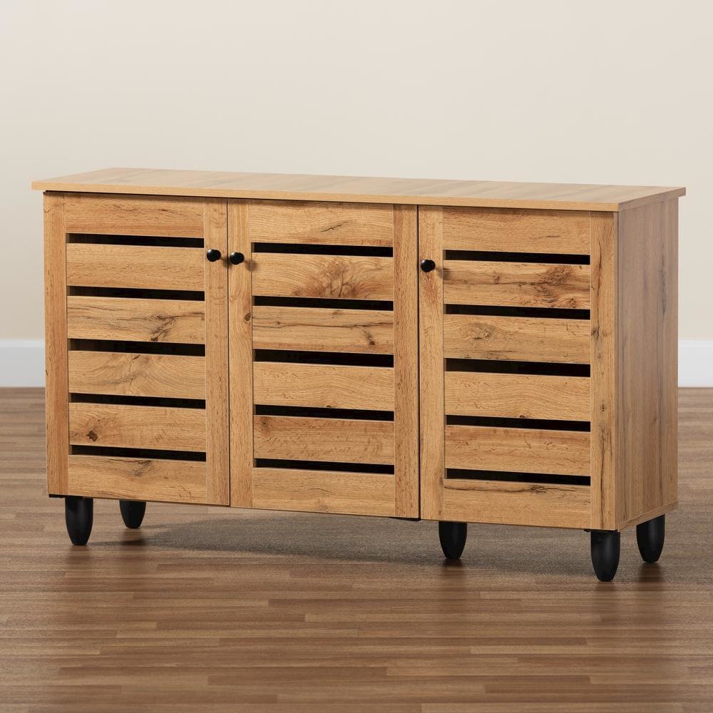 Oak Brown Finished Wood 3-Door Shoe Storage Cabinet