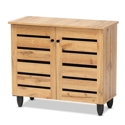 Oak Brown Finished Wood 2-Door Shoe Storage Cabinet