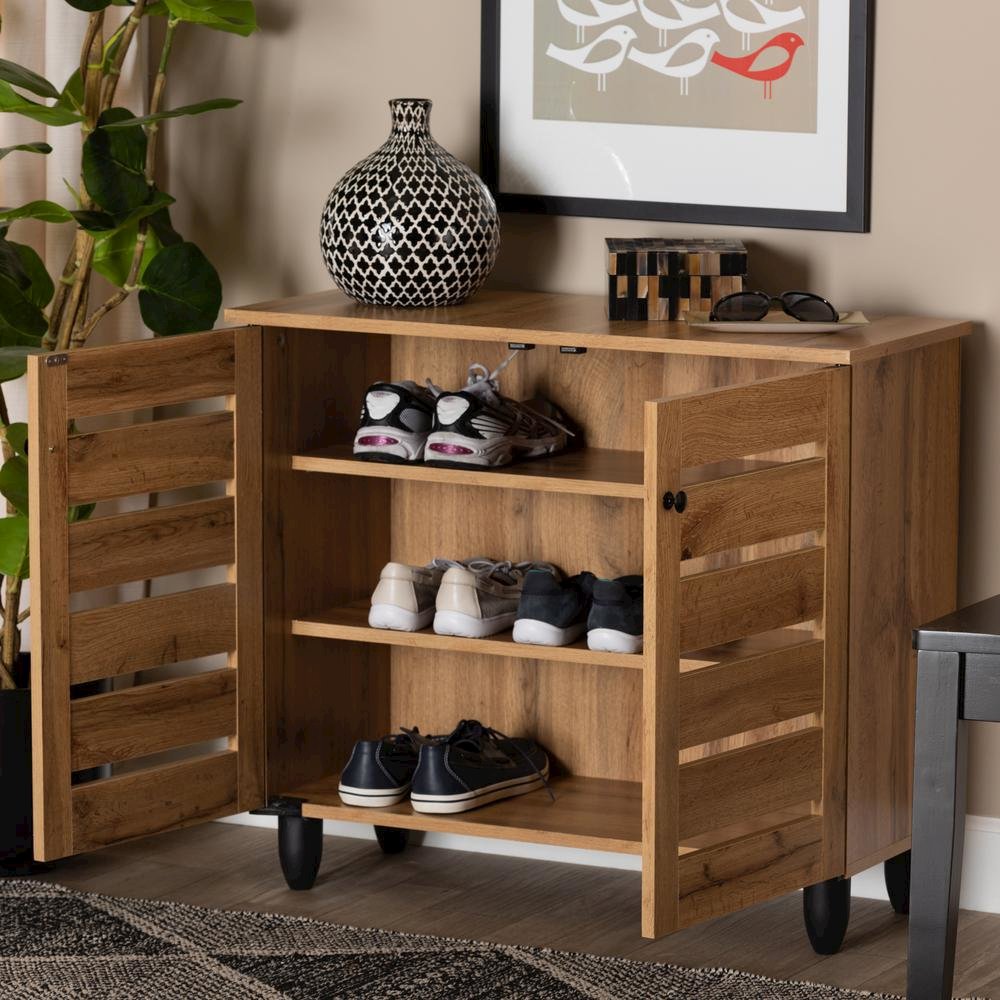 Oak Brown Finished Wood 2-Door Shoe Storage Cabinet