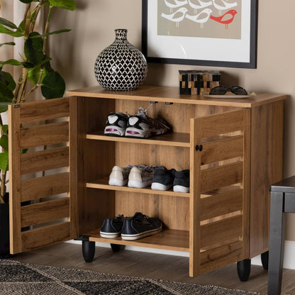 Oak Brown Finished Wood 2-Door Shoe Storage Cabinet