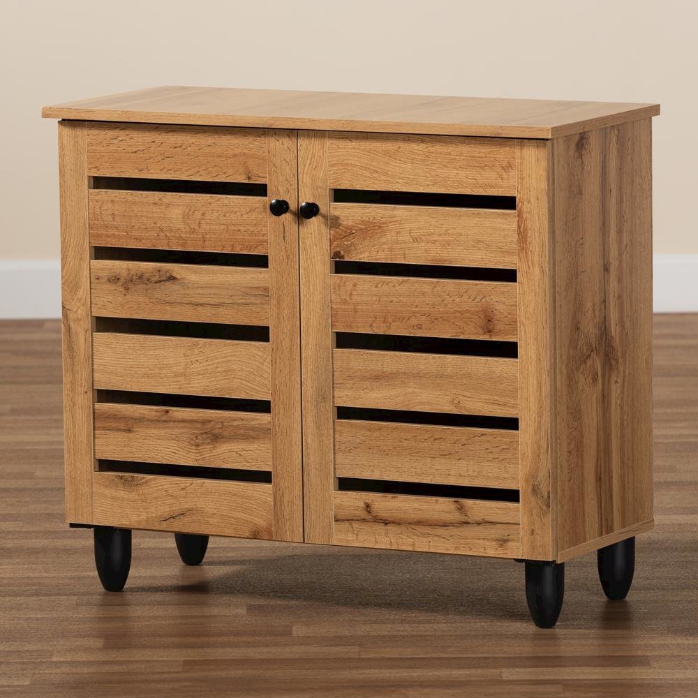 Oak Brown Finished Wood 2-Door Shoe Storage Cabinet