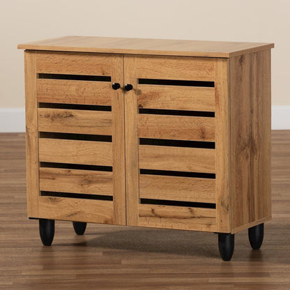 Oak Brown Finished Wood 2-Door Shoe Storage Cabinet