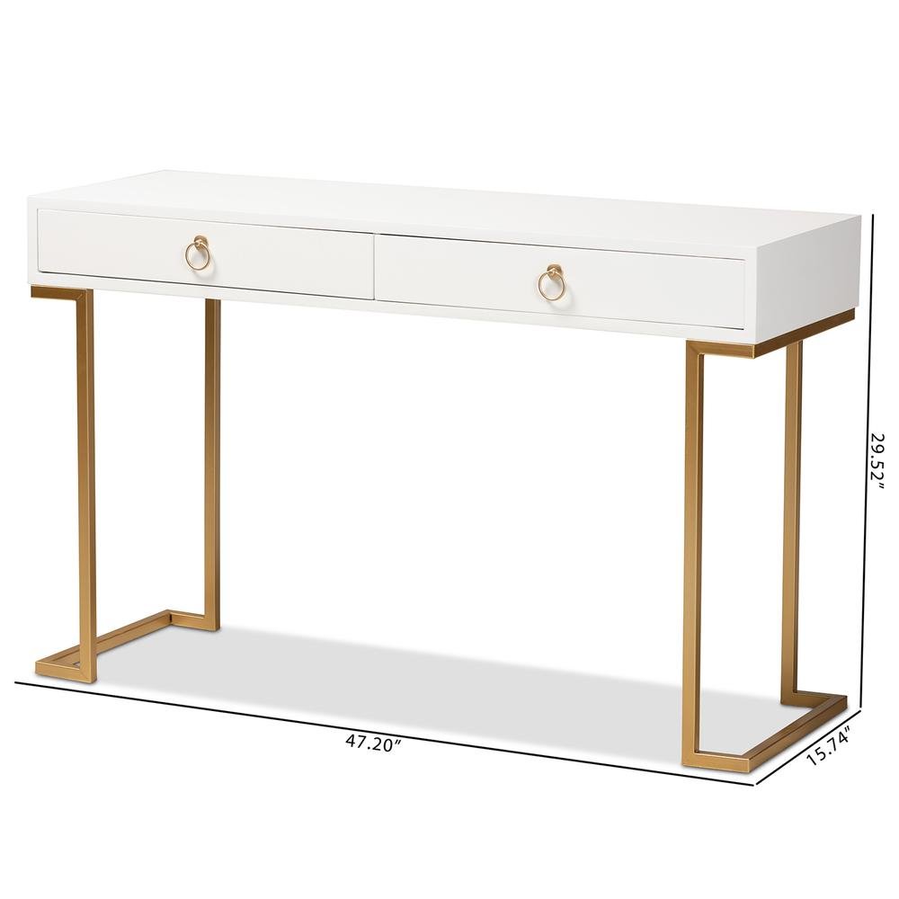 White Finished Wood and Gold Metal 2-Drawer Console Table