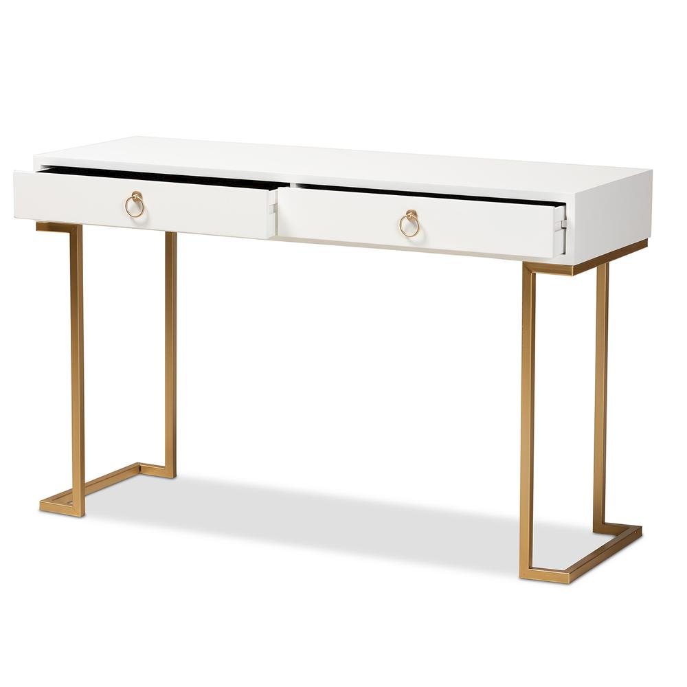 White Finished Wood and Gold Metal 2-Drawer Console Table
