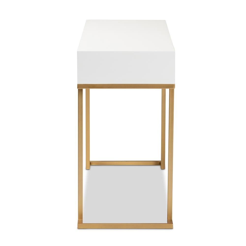 White Finished Wood and Gold Metal 2-Drawer Console Table