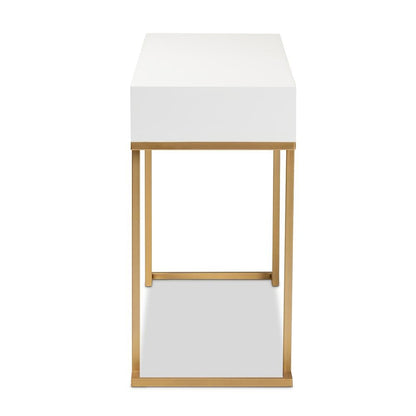 White Finished Wood and Gold Metal 2-Drawer Console Table