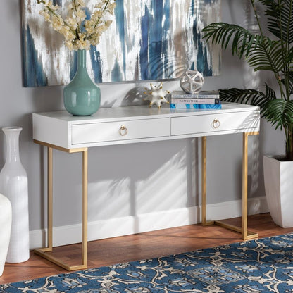 White Finished Wood and Gold Metal 2-Drawer Console Table