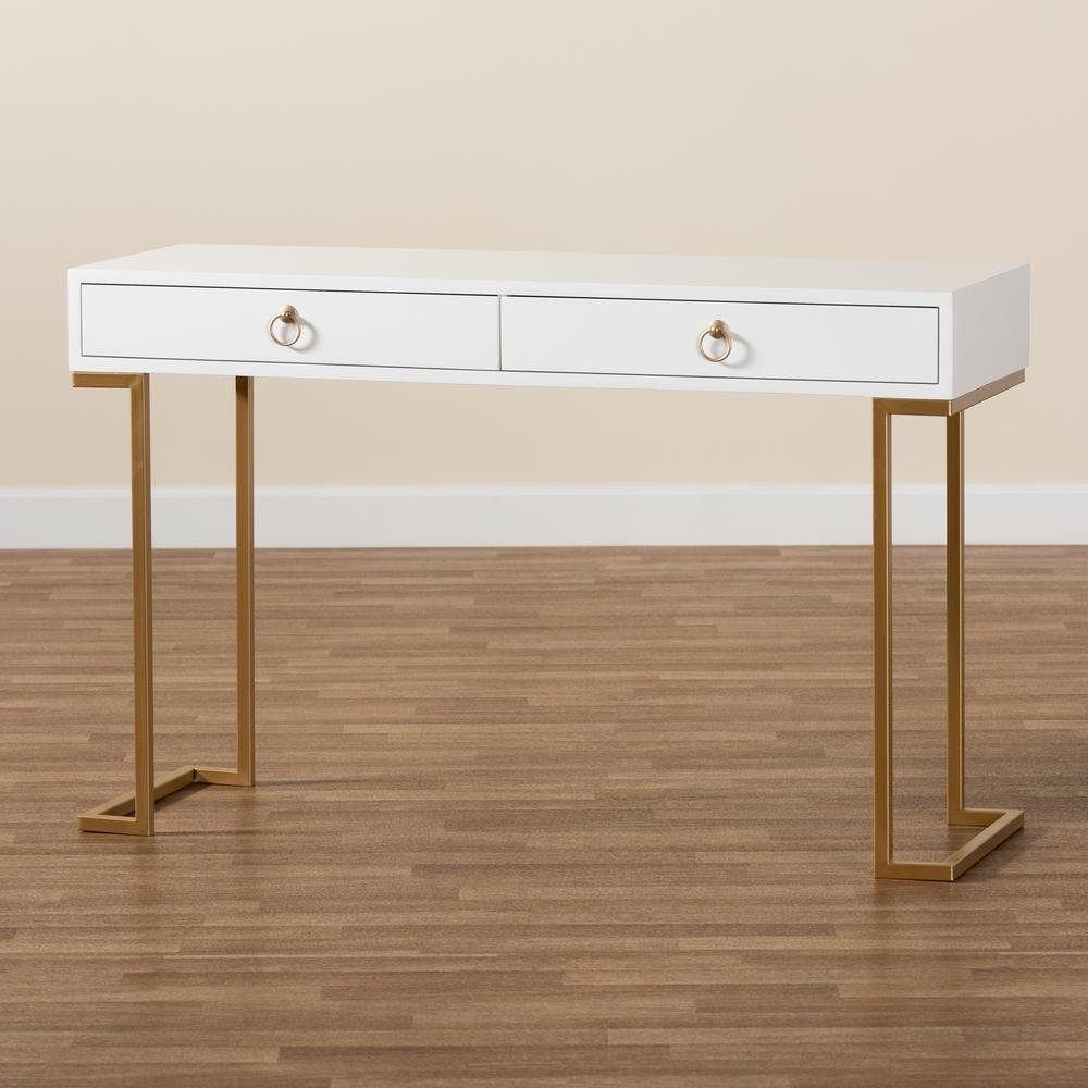 White Finished Wood and Gold Metal 2-Drawer Console Table