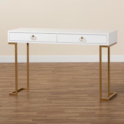 White Finished Wood and Gold Metal 2-Drawer Console Table