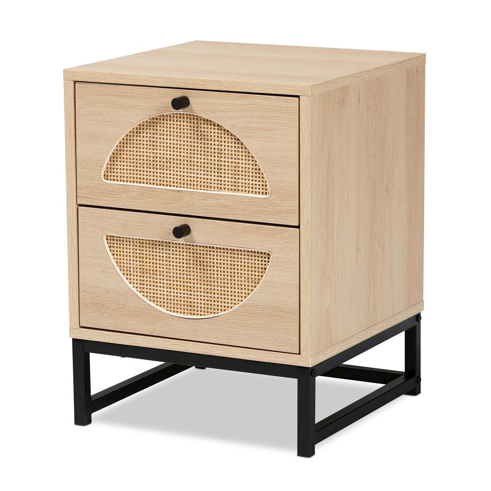 Black Metal 2-Drawer End Table with Natural Rattan