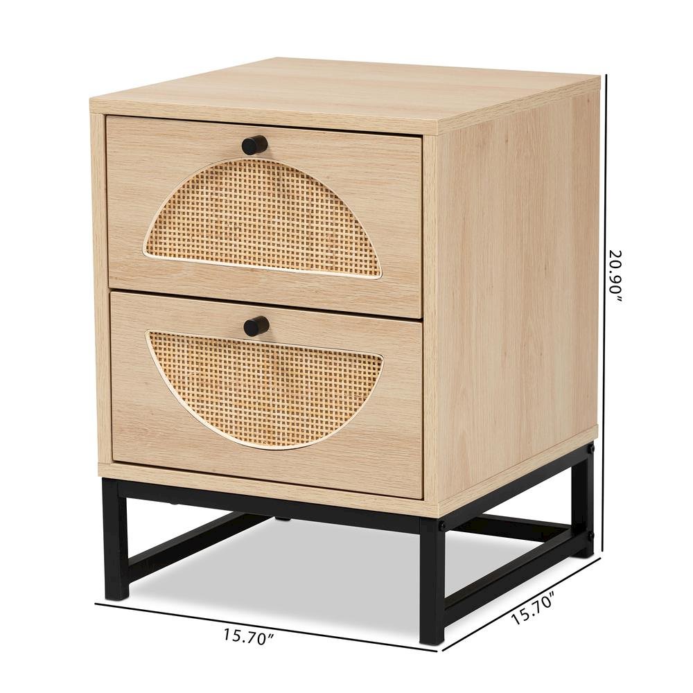 Black Metal 2-Drawer End Table with Natural Rattan