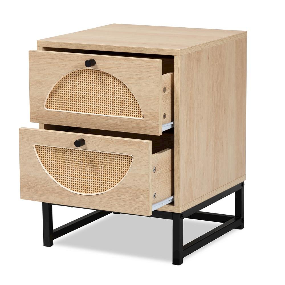 Black Metal 2-Drawer End Table with Natural Rattan