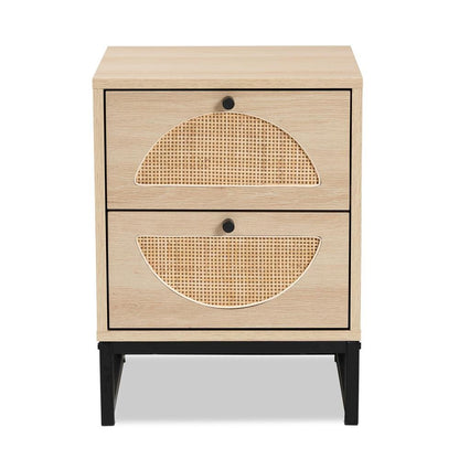 Black Metal 2-Drawer End Table with Natural Rattan
