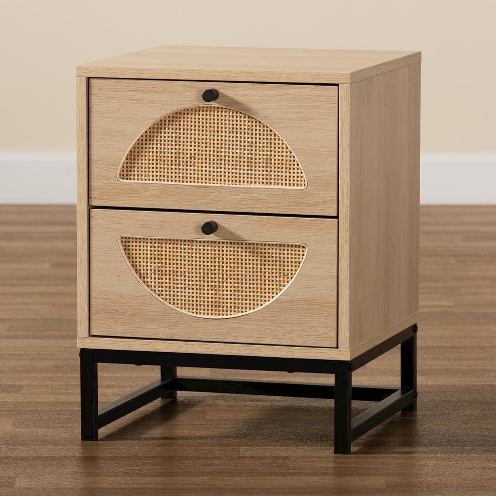 Black Metal 2-Drawer End Table with Natural Rattan
