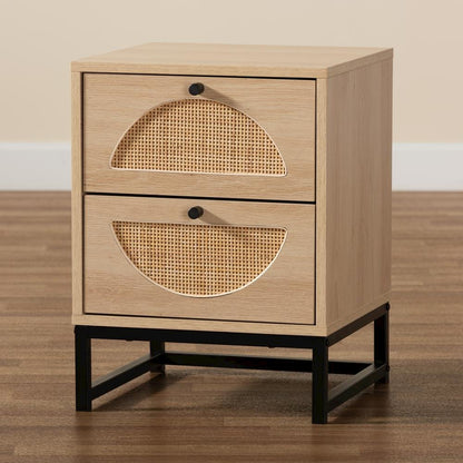 Black Metal 2-Drawer End Table with Natural Rattan