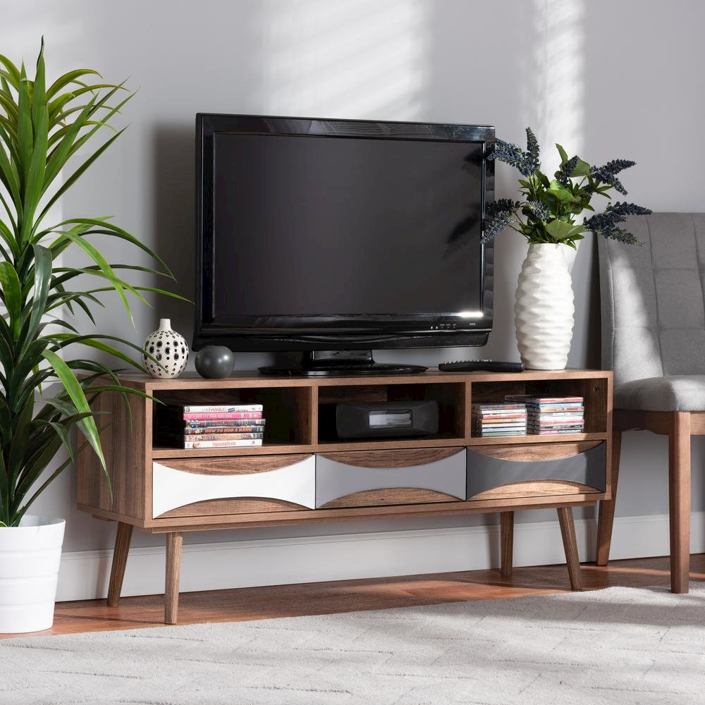 Natural Brown Finished and Multi-Colored Wood 3-Drawer TV Stand