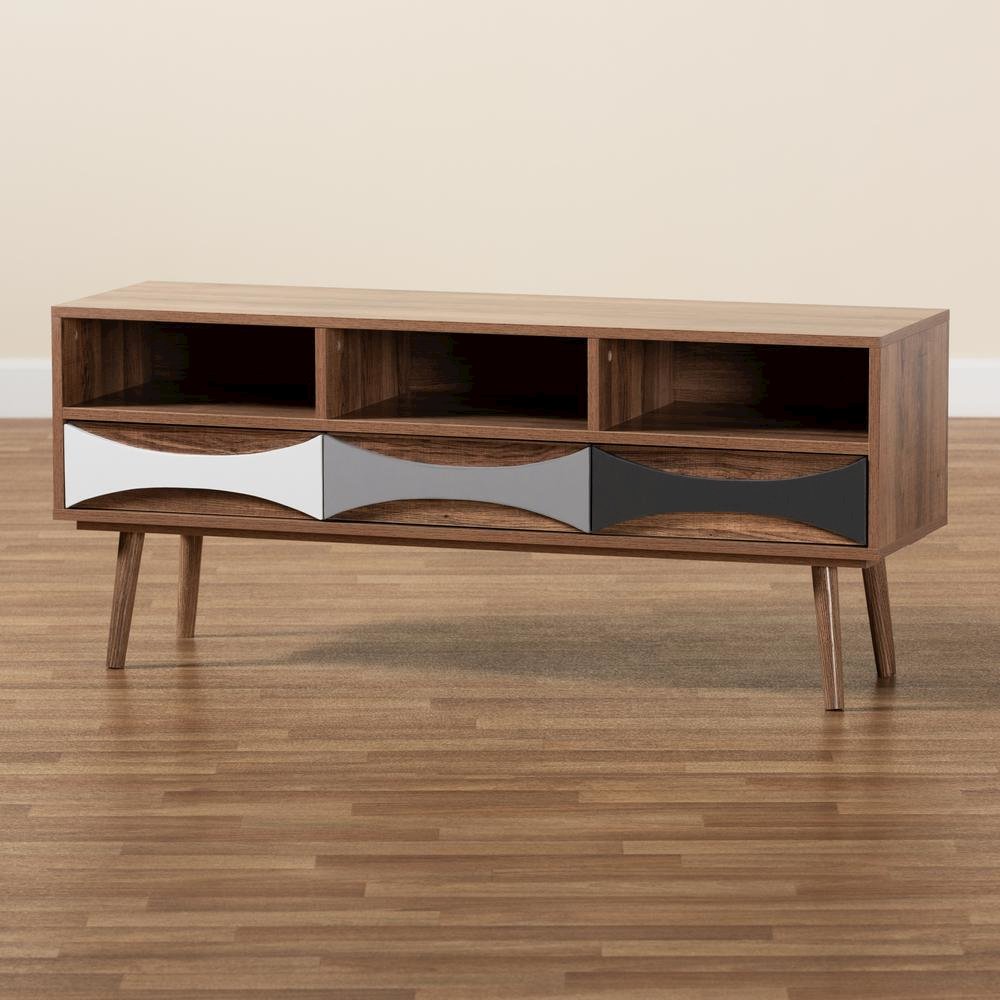 Natural Brown Finished and Multi-Colored Wood 3-Drawer TV Stand