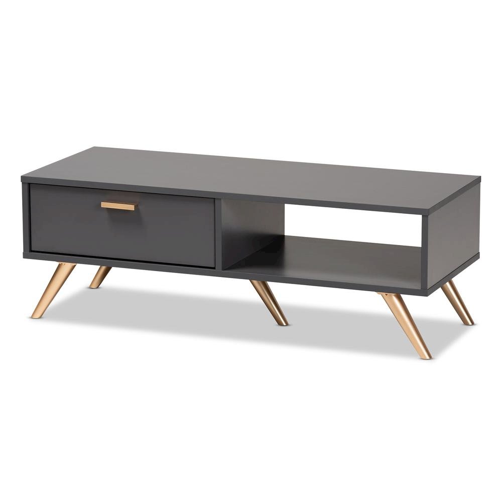 Kelson Modern and Contemporary Dark Grey and Gold Finished Wood Coffee Table