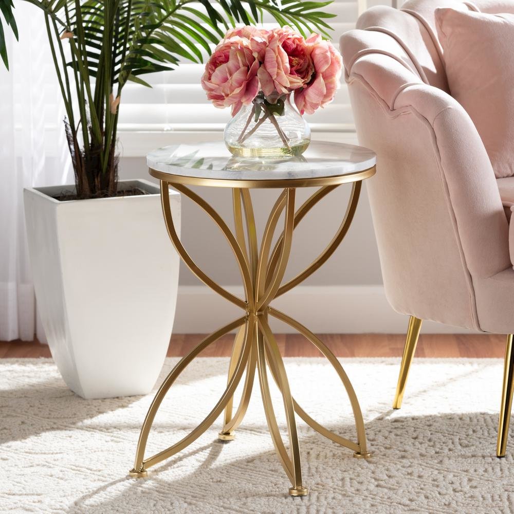 Gold Finished Metal End Table with Marble Tabletop