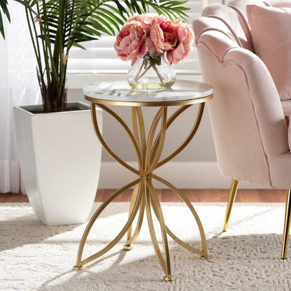 Gold Finished Metal End Table with Marble Tabletop