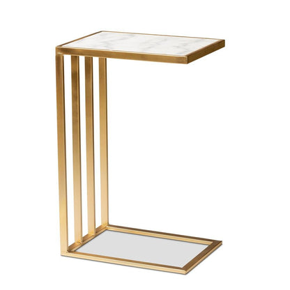 Gold Finished Metal C Shaped End Table with Marble Tabletop