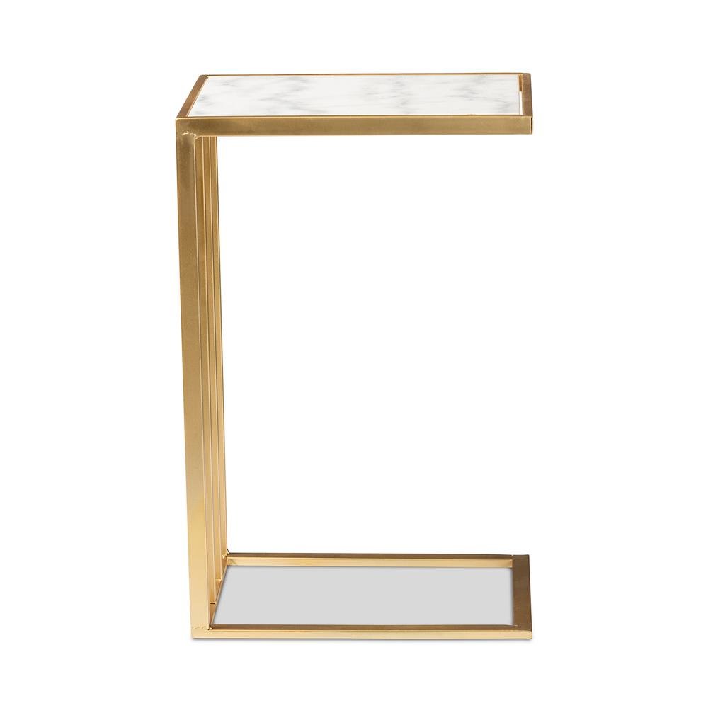 Gold Finished Metal C Shaped End Table with Marble Tabletop