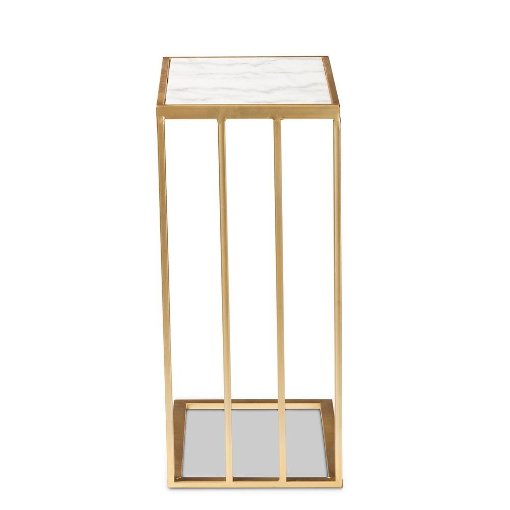 Gold Finished Metal C Shaped End Table with Marble Tabletop