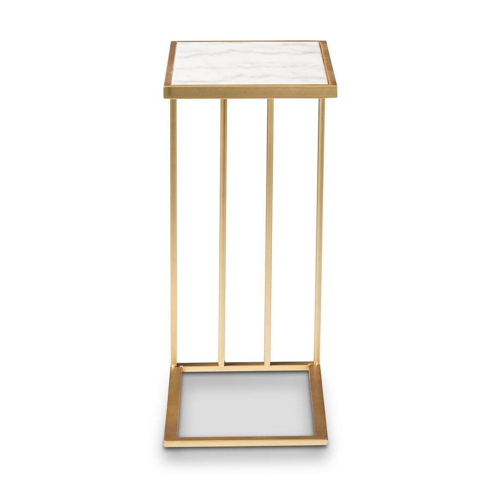 Gold Finished Metal C Shaped End Table with Marble Tabletop