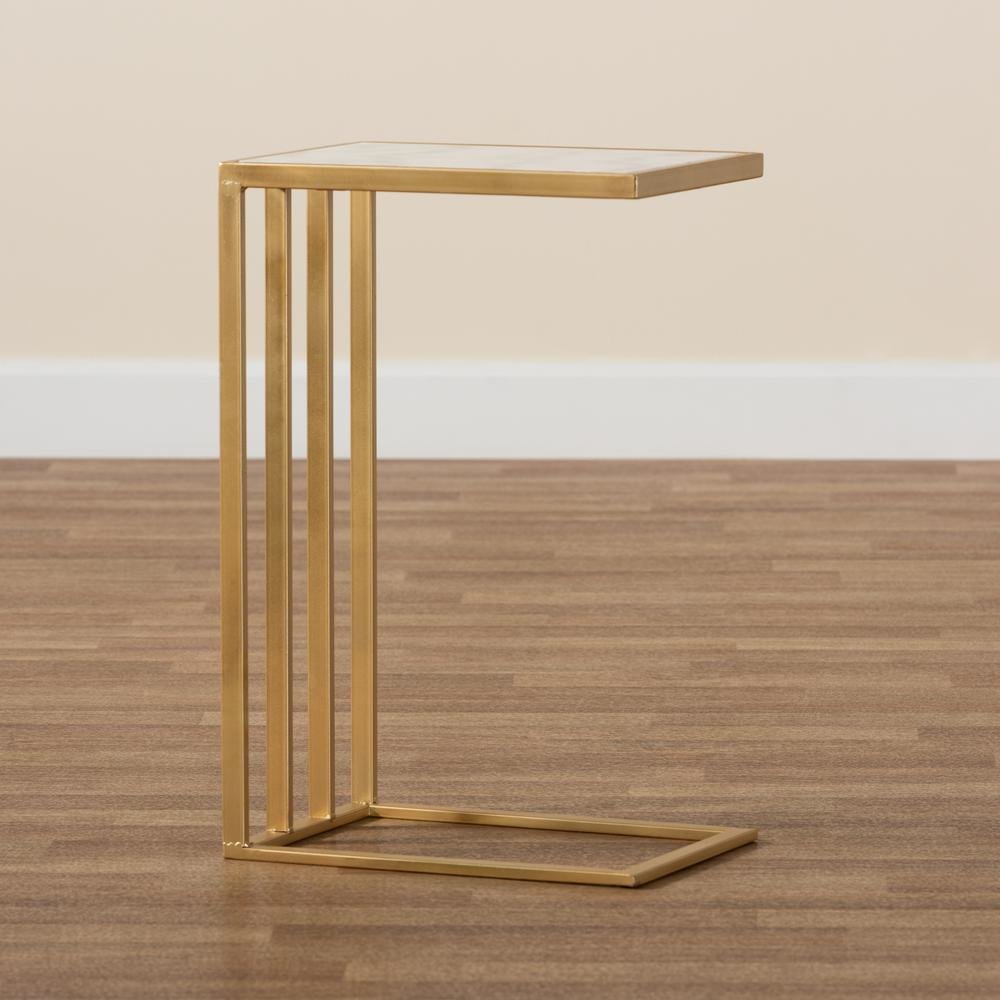 Gold Finished Metal C Shaped End Table with Marble Tabletop
