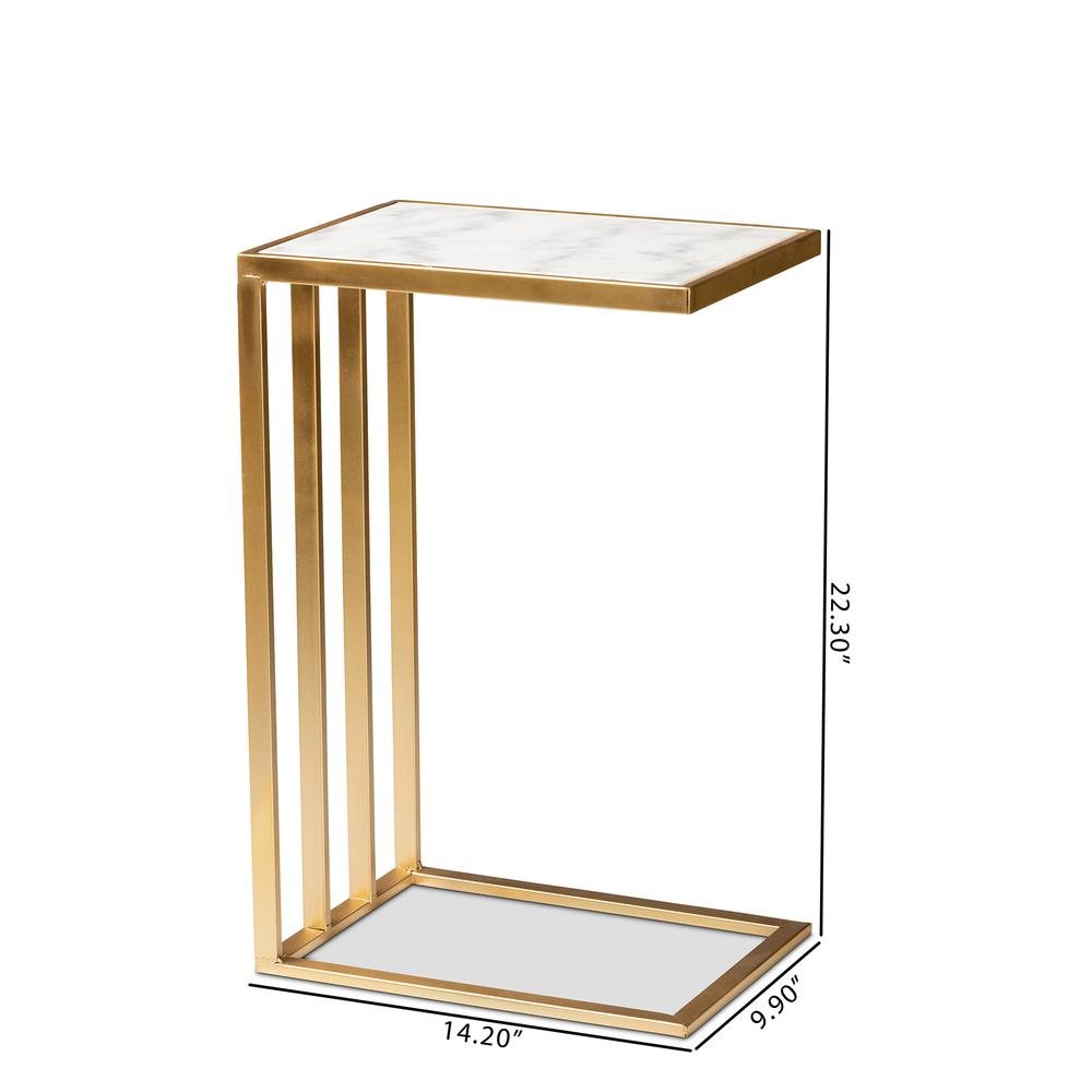 Gold Finished Metal C Shaped End Table with Marble Tabletop
