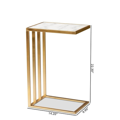 Gold Finished Metal C Shaped End Table with Marble Tabletop