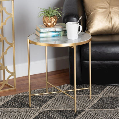Gold Finished Metal End Table with Marble Tabletop