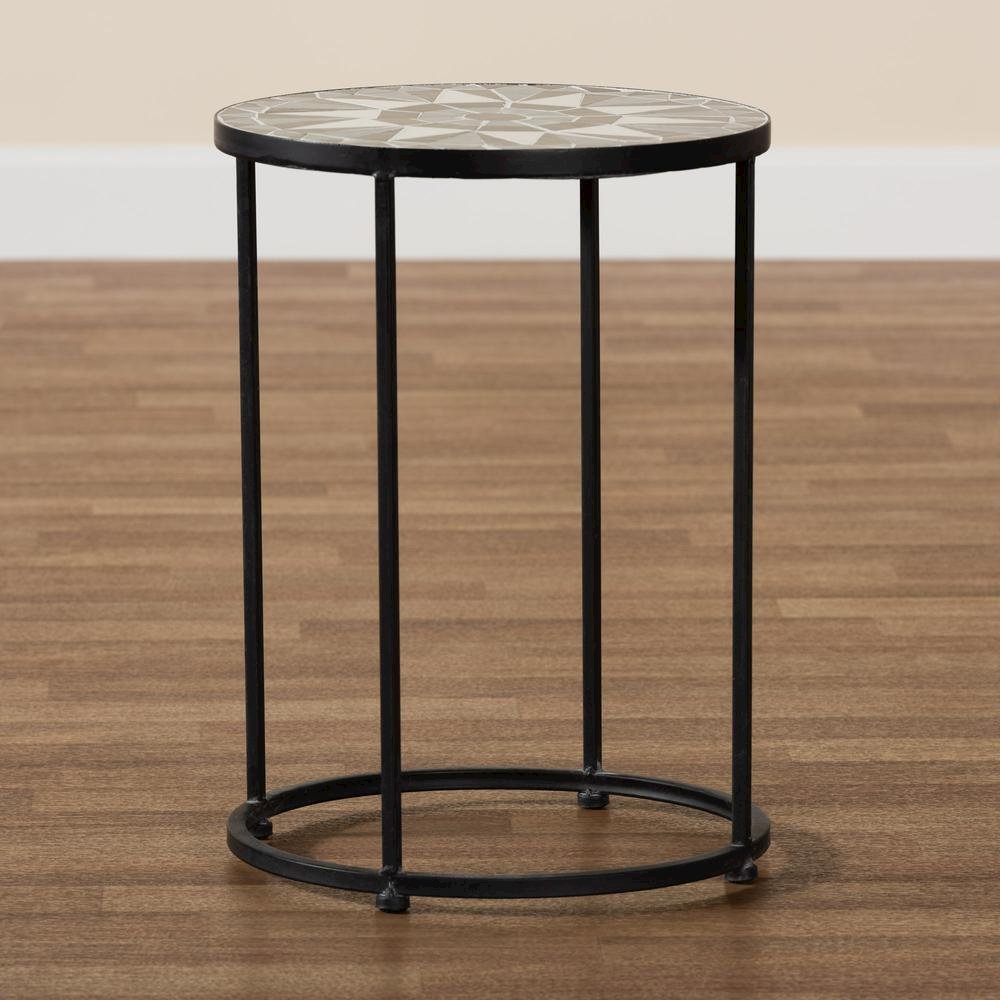 Multi-Colored Glass and Black Metal Outdoor Side Table