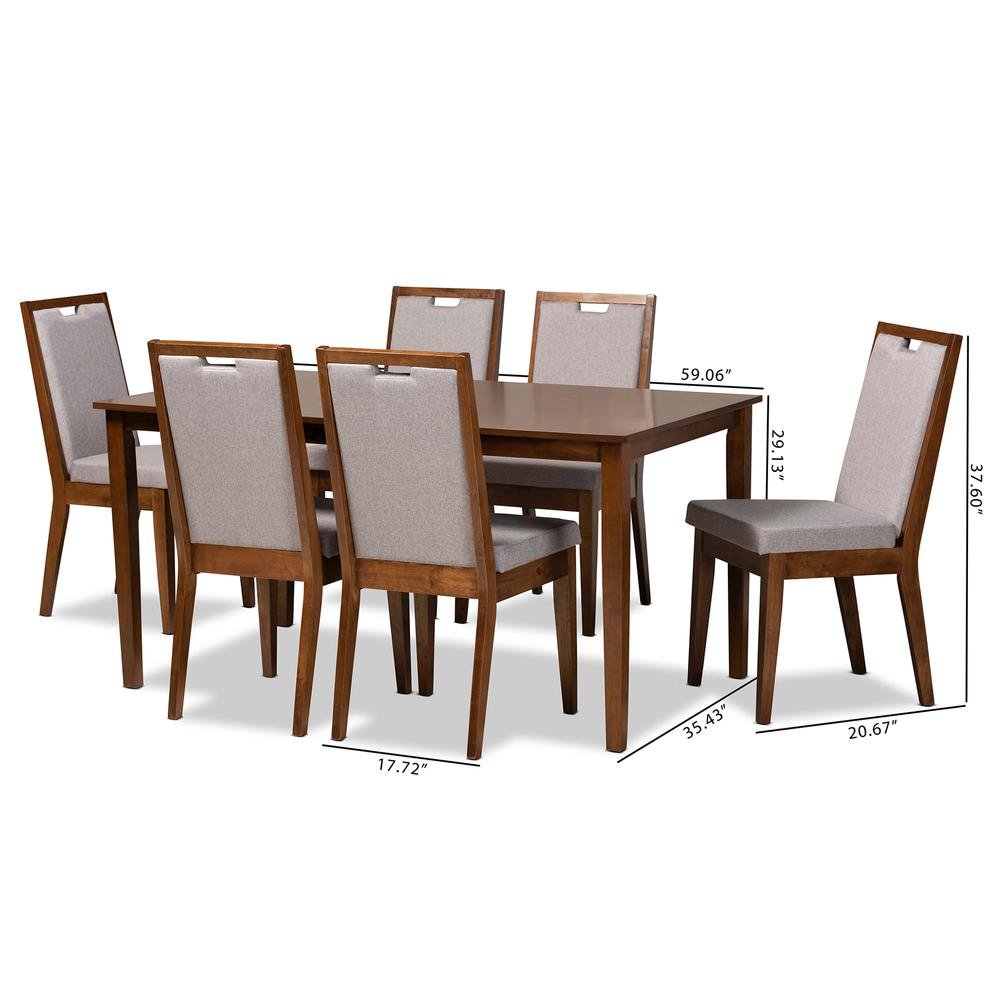 Grey Fabric Upholstered and Walnut Brown Finished Wood 7-Piece Dining Set