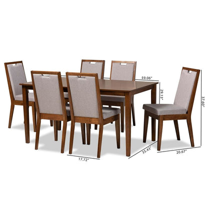 Grey Fabric Upholstered and Walnut Brown Finished Wood 7-Piece Dining Set