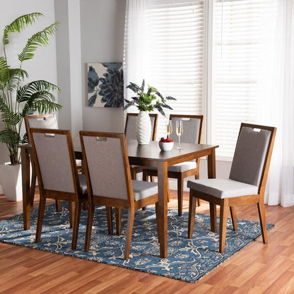 Grey Fabric Upholstered and Walnut Brown Finished Wood 7-Piece Dining Set