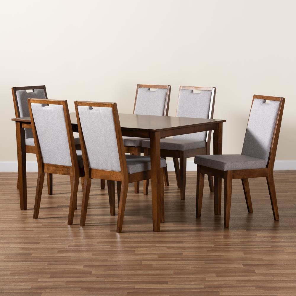 Grey Fabric Upholstered and Walnut Brown Finished Wood 7-Piece Dining Set