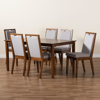 Grey Fabric Upholstered and Walnut Brown Finished Wood 7-Piece Dining Set