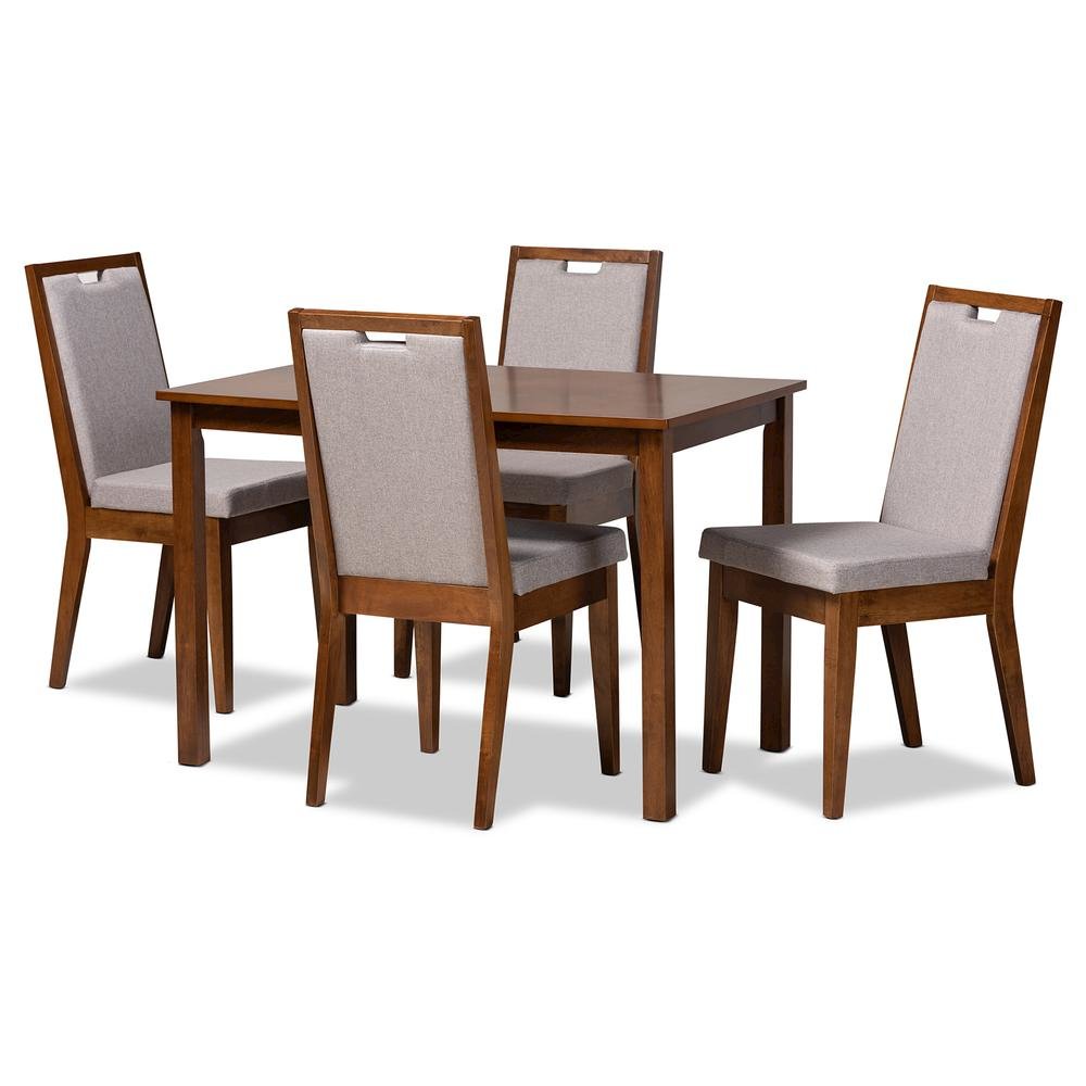 Grey Fabric Upholstered and Walnut Brown Finished Wood 5-Piece Dining Set