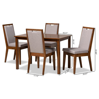 Grey Fabric Upholstered and Walnut Brown Finished Wood 5-Piece Dining Set