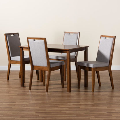 Grey Fabric Upholstered and Walnut Brown Finished Wood 5-Piece Dining Set