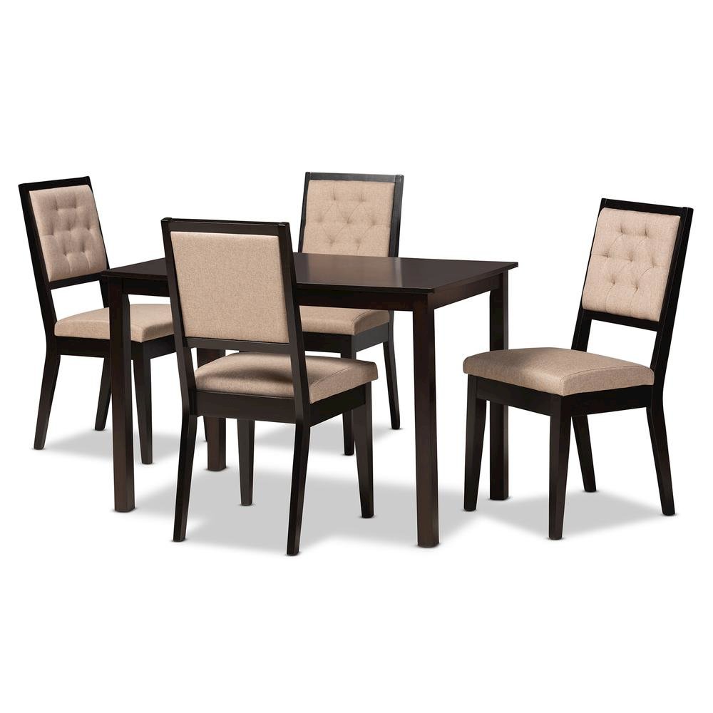 Sand Fabric Upholstered and Dark Brown Finished Wood 5-Piece Dining Set