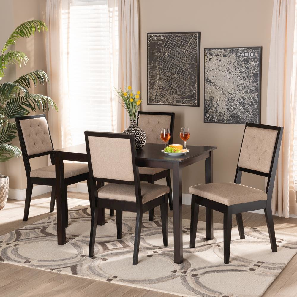 Sand Fabric Upholstered and Dark Brown Finished Wood 5-Piece Dining Set