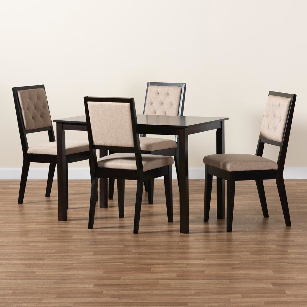 Sand Fabric Upholstered and Dark Brown Finished Wood 5-Piece Dining Set
