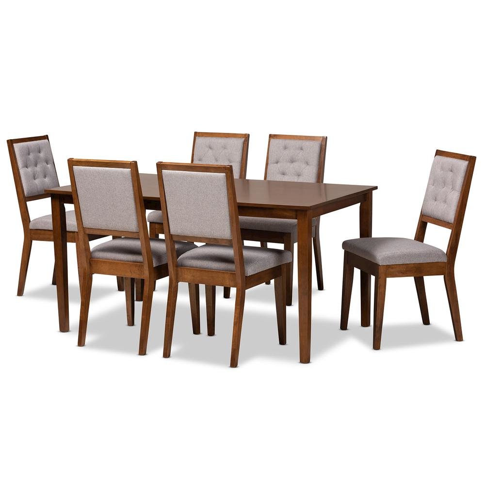 Grey Fabric Upholstered and Walnut Brown Finished Wood 7-Piece Dining Set